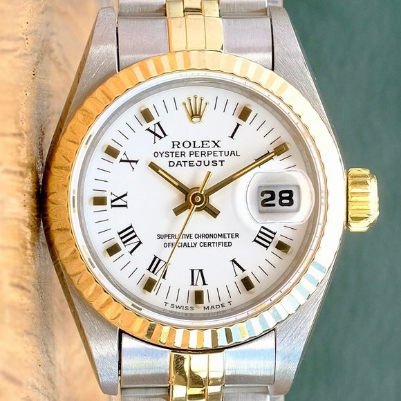 ROLEX DATEJUST WHITE INDEX DIAL 18K GOLD FLUTED JUBILEE TWOTONE WATCH 26MM 69173 - Picture 1 of 12